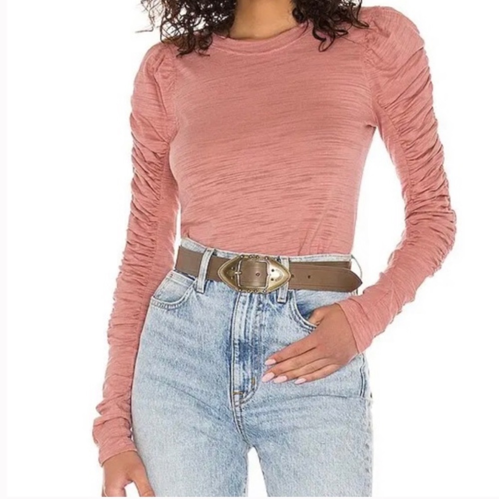 NWT Free People Long Sleeve Top Natasha Ruched Sleeve Blush Pink Top Size XS